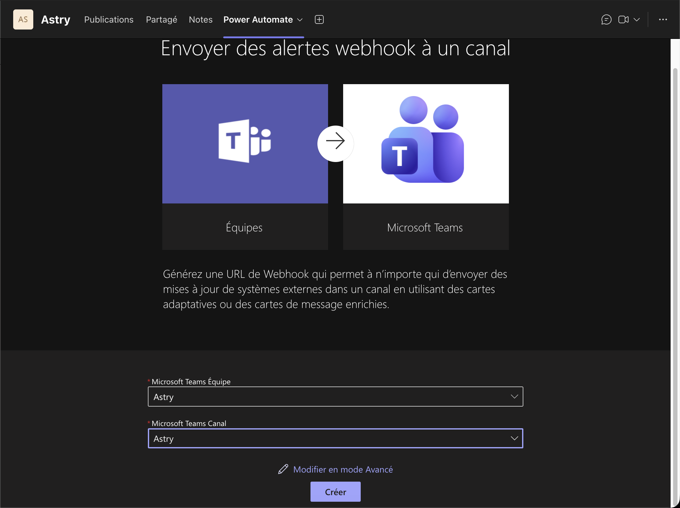 Sélection de l'équipe et du canal